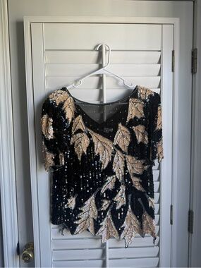 Dominique Black Top with Gold Sequin Leaf Design Silk sz Medium 90s glam